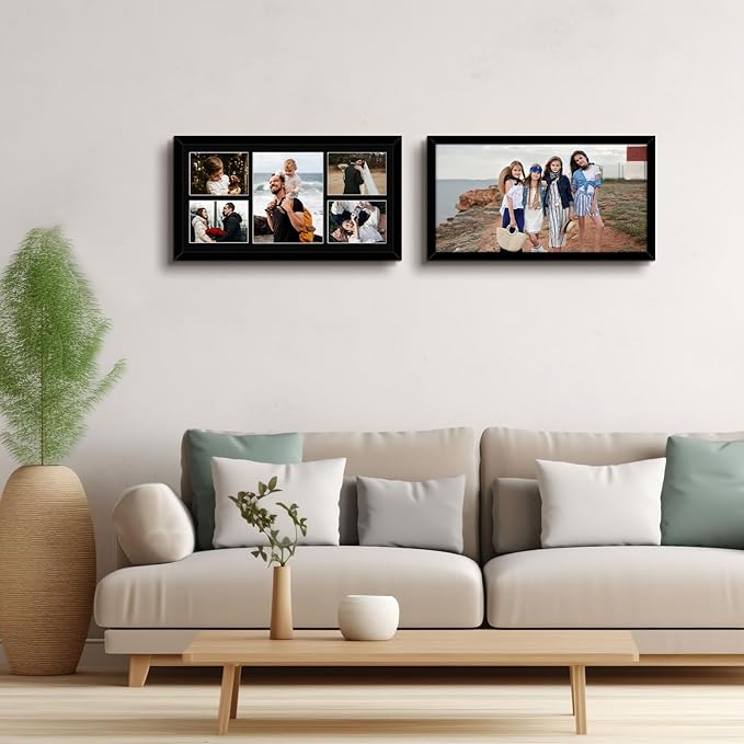 Golden State Art, Set of 2, 12x24 Black Wood Picture Frame - Black Mat for 8x10 And 5x7 Photos - Tempered Glass, Sawtooth Hanger, Swivel Tabs - Wall Mounting - Great for Gift