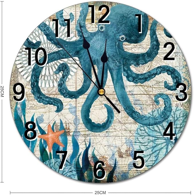Blue Octopus Nautical Map Wall Clock Battery Operated Silent Round Clock Wall Decor for Home Office School, 12 Inch