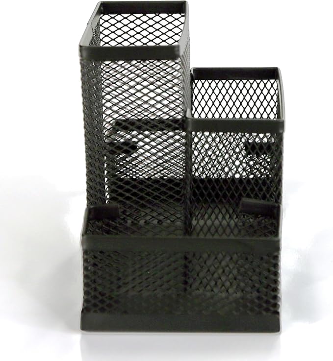 Huron Pen Holder and Desk Organizer Caddy, 4 Compartment Storage for Pencils Pens Sticky Notes Office Desk Accessories for Home Office,Black Steel Mesh (1/4/24/96) (1 pc)