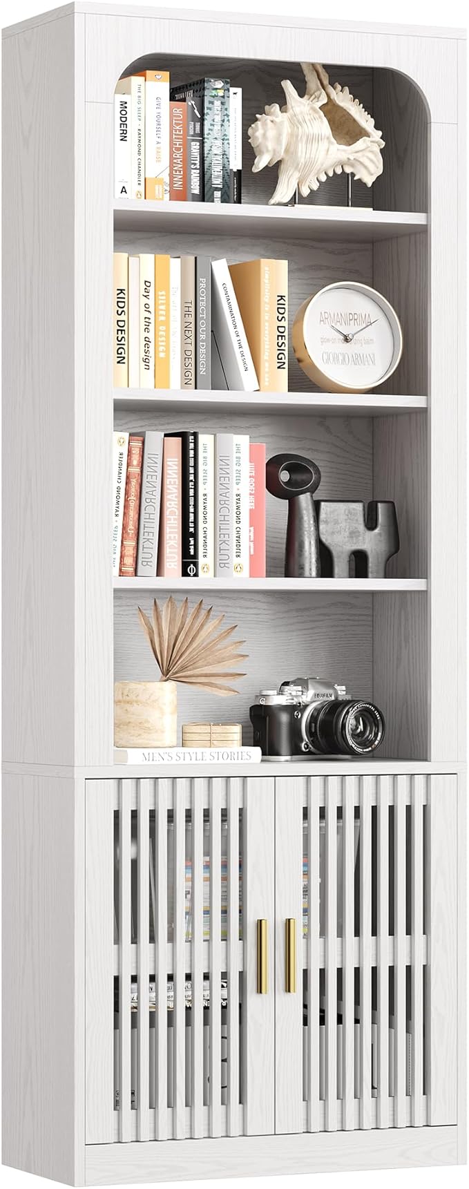 IRONCK Mid-Century Book Shelf, 6-Tier Floor Standing Bookcase with Grille Doors, Tall Storage Shelves for Display & Organizing, Suitable for Home Office, Living Room (White)