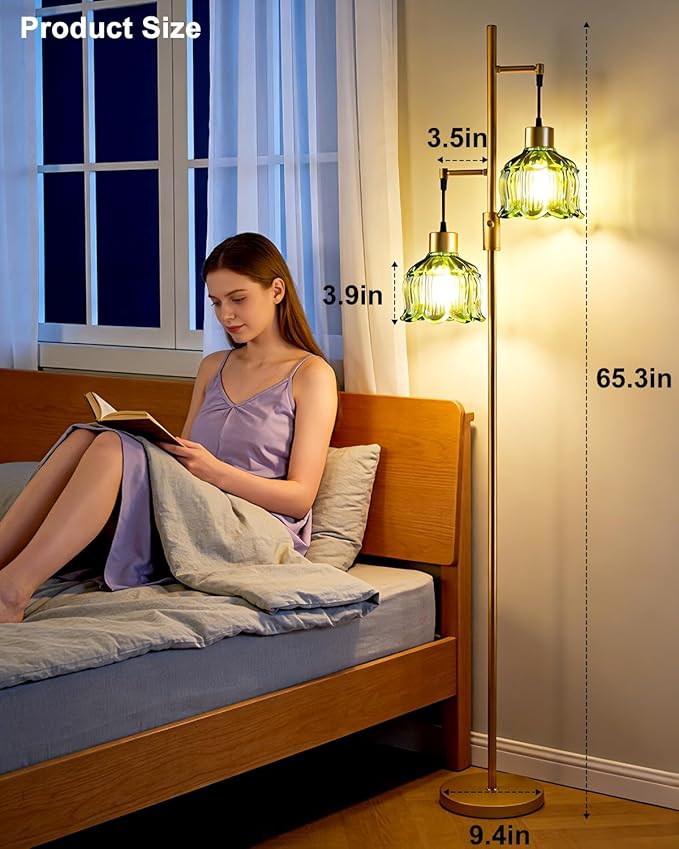 Lightdot 2- Light Gold Flower Floor Lamp, 65IN Green Glass Floor Lamps with 3000K Warm White Bulbs, Modern Standing Tall Lamp for Living Room Bedroom Home Office Corner Sofa Beside