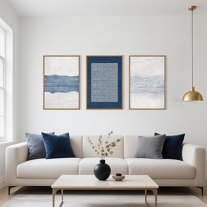 Large Abstract Navy Blue and White Framed Canvas Wall Art Set,Modern Neutral Geometric Waves Lines Dots Wall Decor,Mid Century Minimalist Boho Artwork for Living Room,Bedroom,Office- 24"x36"x3
