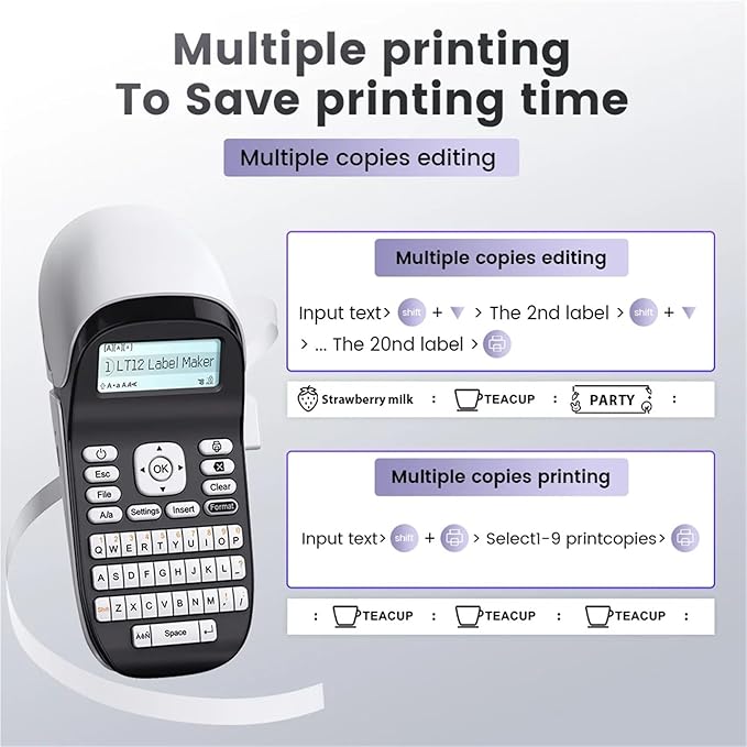 Label Printer, LT12 Label Maker Portable Inkless Printer Bluetooth Handheld Sticker for Office Home QWERTY Keyboard One-Touch Key(White Printer)