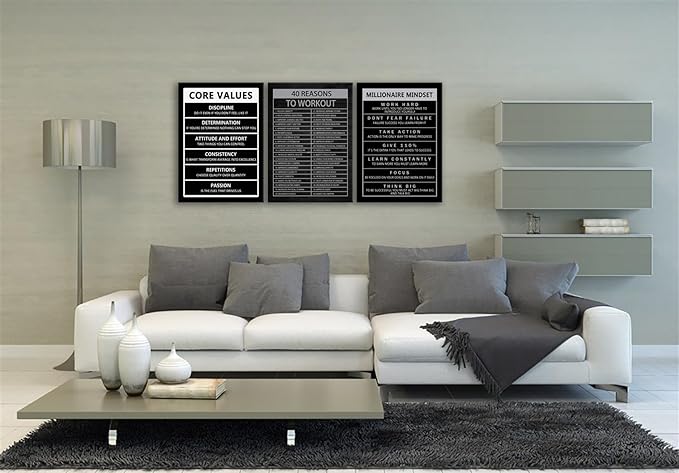 Inspirational Millionaire Mindset Poster 40 Reasons to Workout Motivational Wall Art 3 Pieces Canvas Prints Artwork for Living Room Modern Home Decor Painting Pictures Framed[60" W X 28" H]