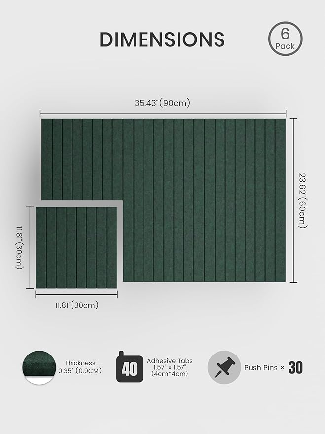 Bumusty Large Cork Board Alternative-36 x 24" Felt Bulletin Board Tiles, with 30 Pushpins, 40 Adhesive Tabs, 6-Pack Slat Wall Paneling, Cork Boards for Office Push Pin Board Felt Board-Pine Green