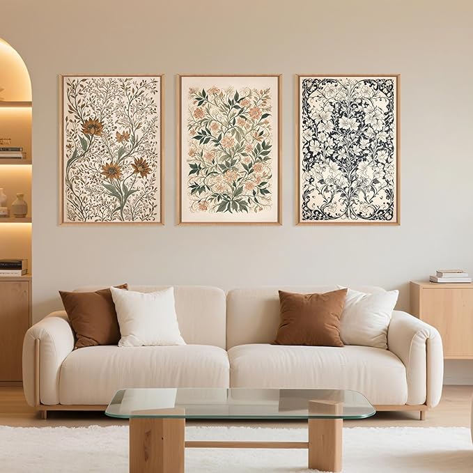 BICERE Large Abstract Vintage Flower Framed Canvas Wall Art,Antique Botanical Wall Decor,Neutral Bouquet Wall Painting,Aesthetic Floral Artwork for Living Room,Bedroom,Dining Room,Office -24"x36"x3