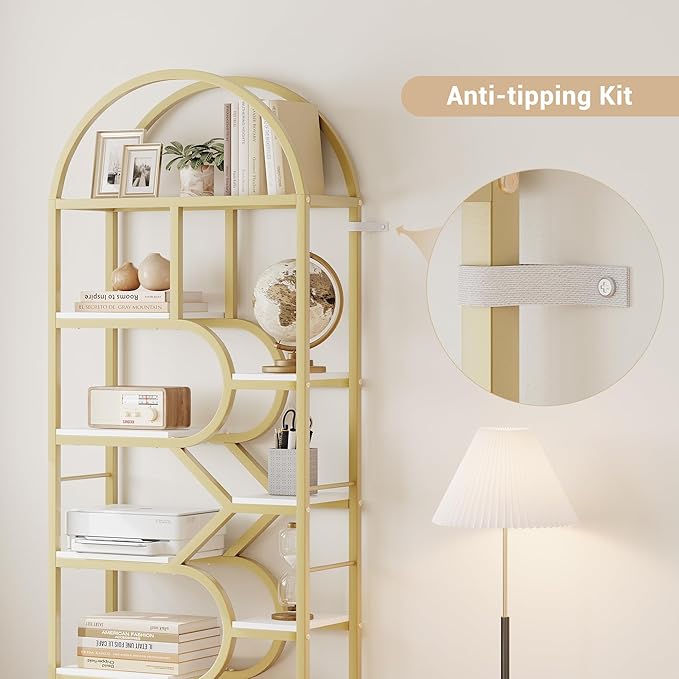 IDEALHOUSE Bookshelf 6 Tier Arched Bookcase 81.7in Tall Display Racks Geometric Open Storage Shelf Unique Book Rack Metal Frame Large Modern Book Shelf for Bedroom, Living Room, Home Office