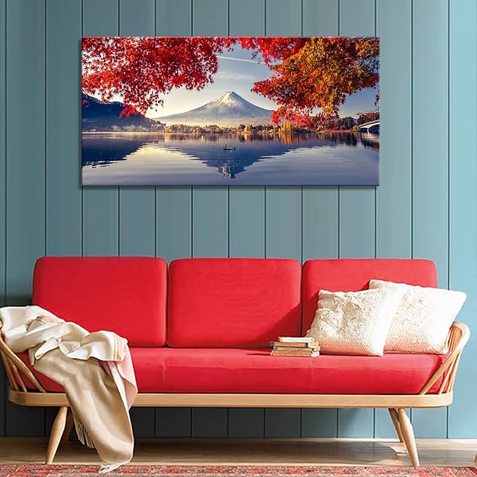 YYYYHPP Canvas Prints Mountain Fuji with morning fog and red leaves at lake Kawaguchiko Nature Picture Wall Art Framed Artwork for Living Room Bedroom Kitchen Home and Office Wall Decor