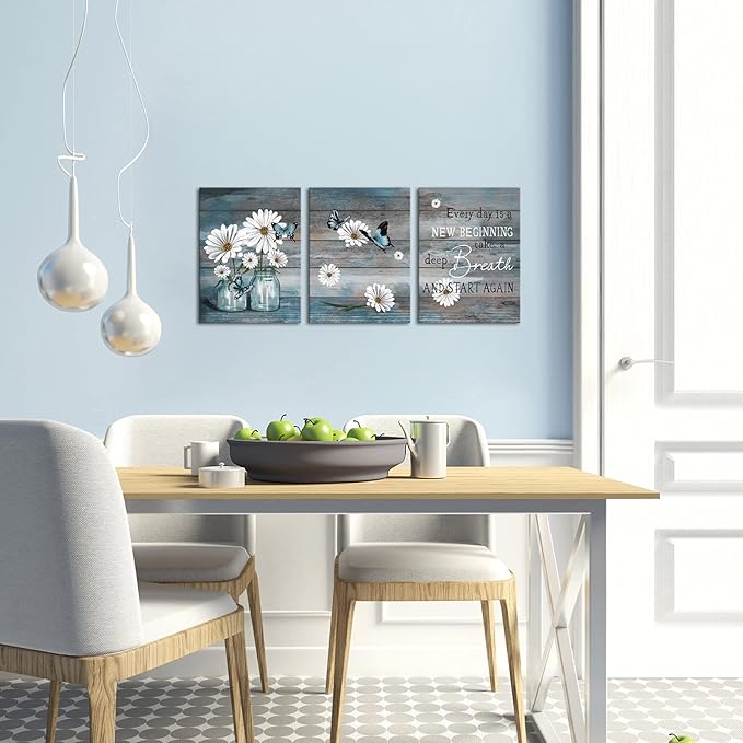 RyounoArt 3 Piece Daisy Wall Art Butterfly Inspirational Picture on Canvas for Kitchen Office Wall Decor Rustic Country Paintings Framed 12"x16" for Each