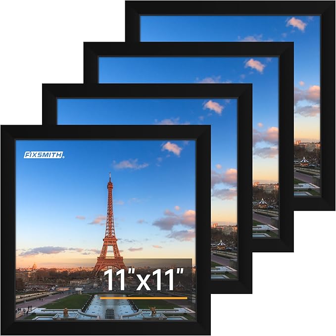FIXSMITH 11x11 Picture Frame Set of 4, Photo Frame with HD Plexiglass, Display Pictures 8x8 with Mat or 11x11 Without Mat, Black Picture Frames Collage Wall Decor, Gallary Wall Frame