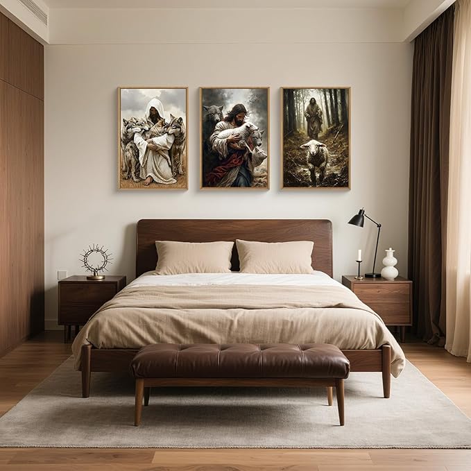 KAIRNE Easter Christian Wall Art Set of 3, The Good Shepherd Canvas Prints, Vintage Bible Verse Decor with Lamb and Wolf Symbolism, Religious Home Decor for Living Room, Bedroom 24x36 Inch
