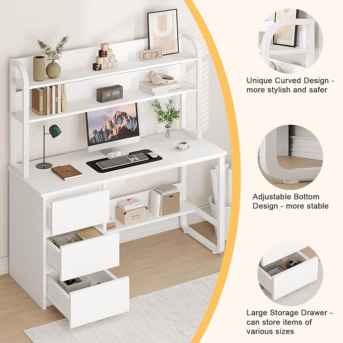 White Desk with Hutch, 55 Inch Computer Desk with 3 Drawers for Bedroom, Study Writing Desk with Shelves for Small Spaces, Adjustable Feet