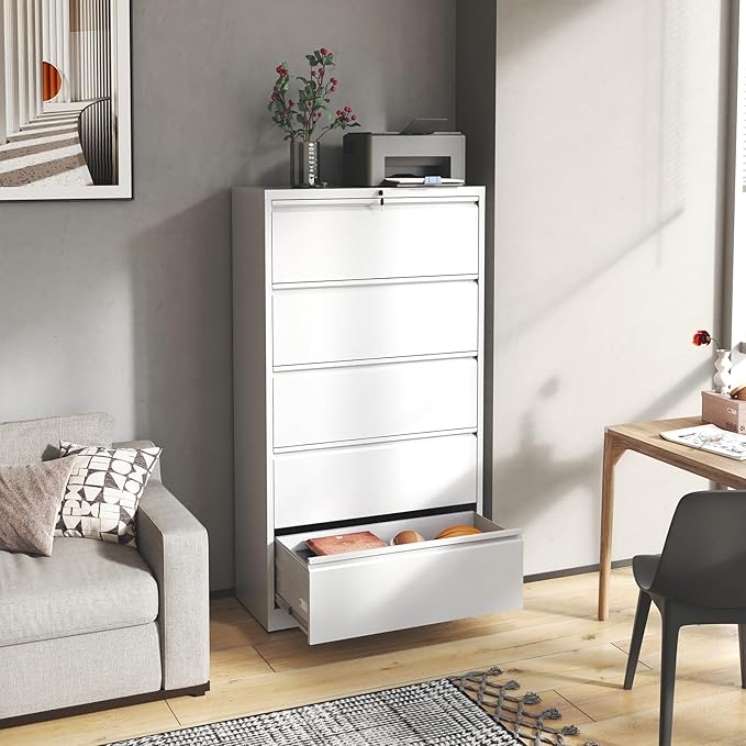 5 Drawer File Cabinet,Metal Lateral Filing Cabinet with Lock,Home Office Storage Organizer Cabinet for Legal/Letter/A4/F4 Size Files,35.5" W,White