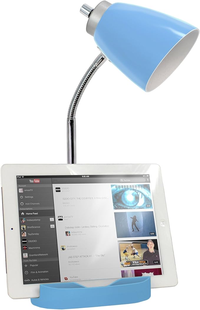 Simple Designs LD1056-BLU Gooseneck Organizer Desk Lamp with iPad/Tablet Stand or Book Holder and USB Port, Blue
