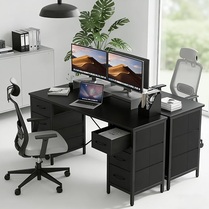 Sweetcrispy Computer Gaming Desk with 8 Storage Fabric Drawers, 47 Inch Home Office Bedroom Desk with Sturdy X-Frame, Modern Writing Study Work Table with Adjustable Feet, Black