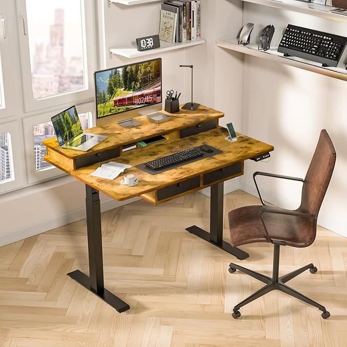 Kingant 48 x 30 Inch Electric Standing Desk with 4 Drawers, Adjustable Height Computer Desk for Home Office, Large Workstation Sit Stand Up Desk with Built-in USB A/C Charging Ports, Rustic Brown