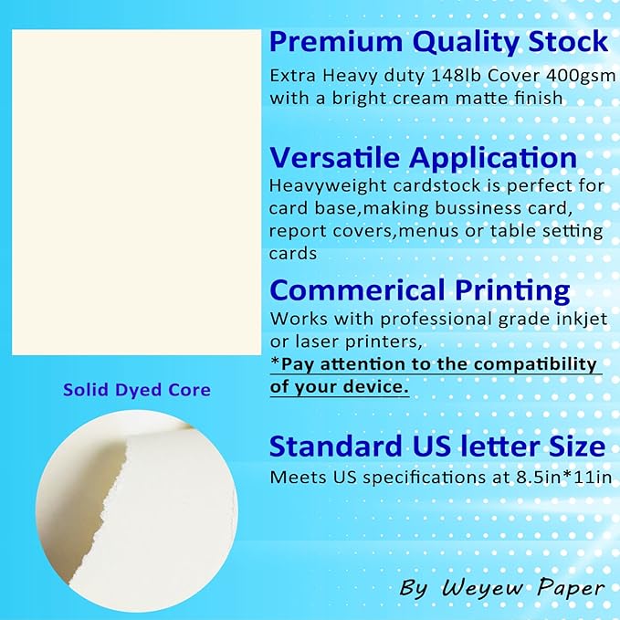50 Sheets 148lb Cream Cardstock, 8.5" x 11", Extra Heavy Duty Off-White Paper for Card Base DIY Craft Card Making, 148LB Cover 400 GSM