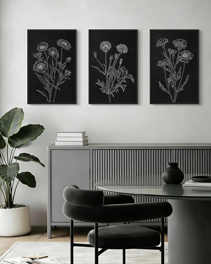 Drsoum Black White Flower Wall Art Vintage Minimalist Floral Wall Hanging Decor Bohemain Botanical Prints Artwork for Bedroom Living Room Hallway 16x24in Black Framed