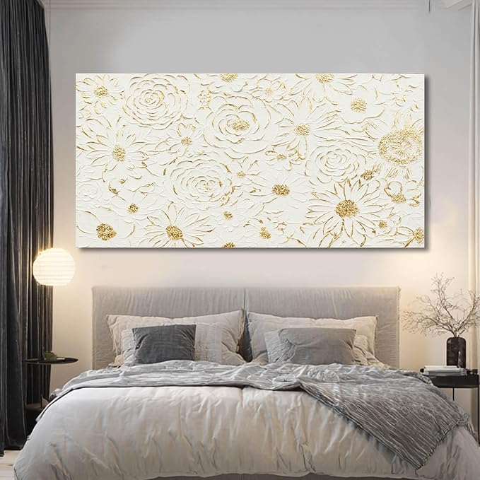 YJYart White Minimalist Wall Art, Canvas Textured Painting,Gold Flowers Floral Modern Abstract Art Wall Decor for Bedroom,Living Room And Office Hallway 29"x58"