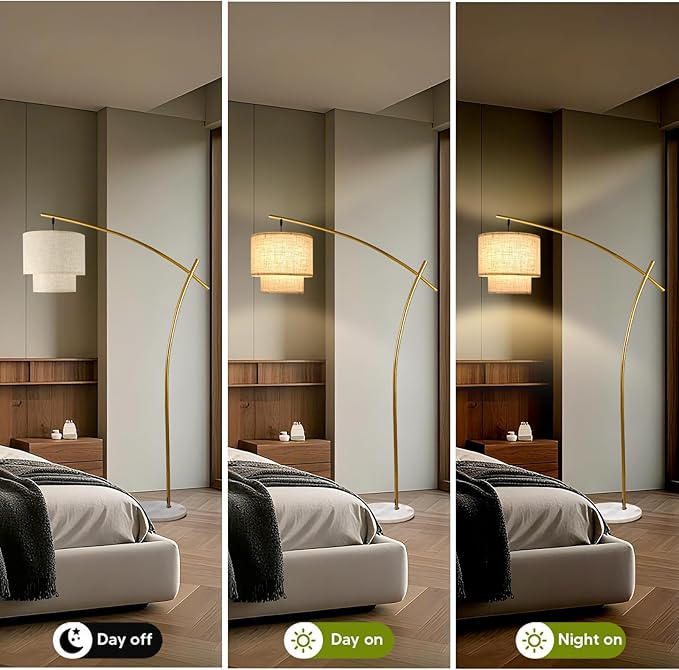 Lightdot Arc Floor Lamp for Living Room, Modern Standing Tall Lamps with Double Linen Shade, Tall Hanging Pole Lamp with Stable Base & Bulb Included for Bedroom/Sofa Beside/Corner Decor-Gold