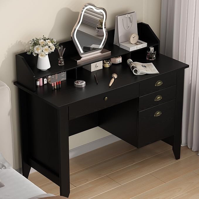 4 EVER WINNER Black Desk with Drawers, Small Desk with File Drawer and Monitor Stand, Computer Desk with Storage, Writing Desk for Bedroom Home Office, Black