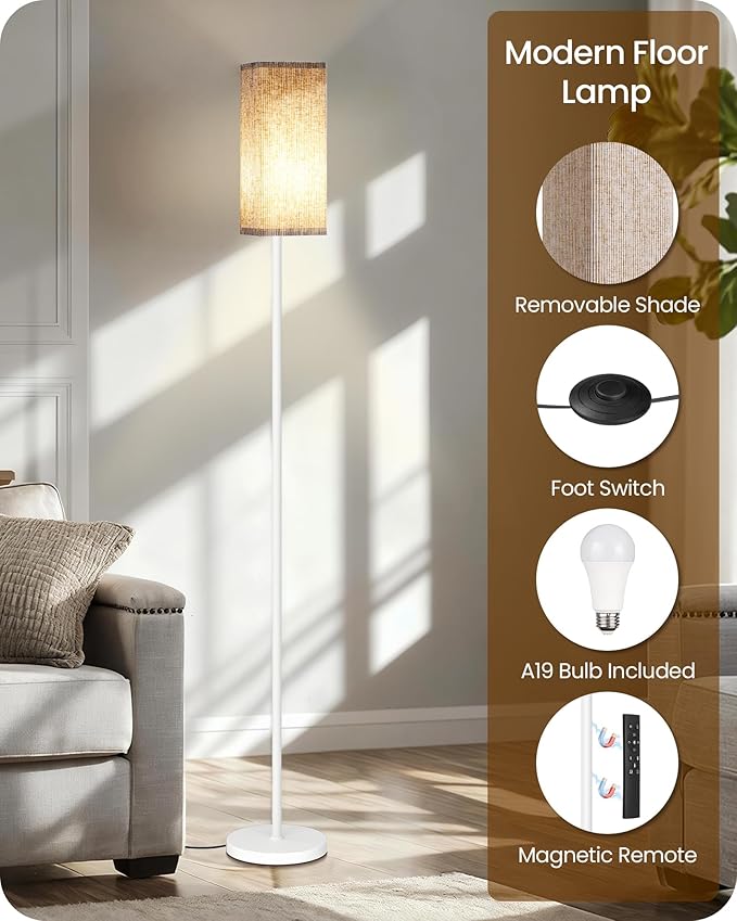64.2'' Dimmable Floor Lamp for Living Room with Remote and Foot Switch, Corner Floor Lamp for Bedroom, Includes 10W A19 Bulb, Modern Standing Tall Lamp, ETL Listed White and Beige WE17LD05