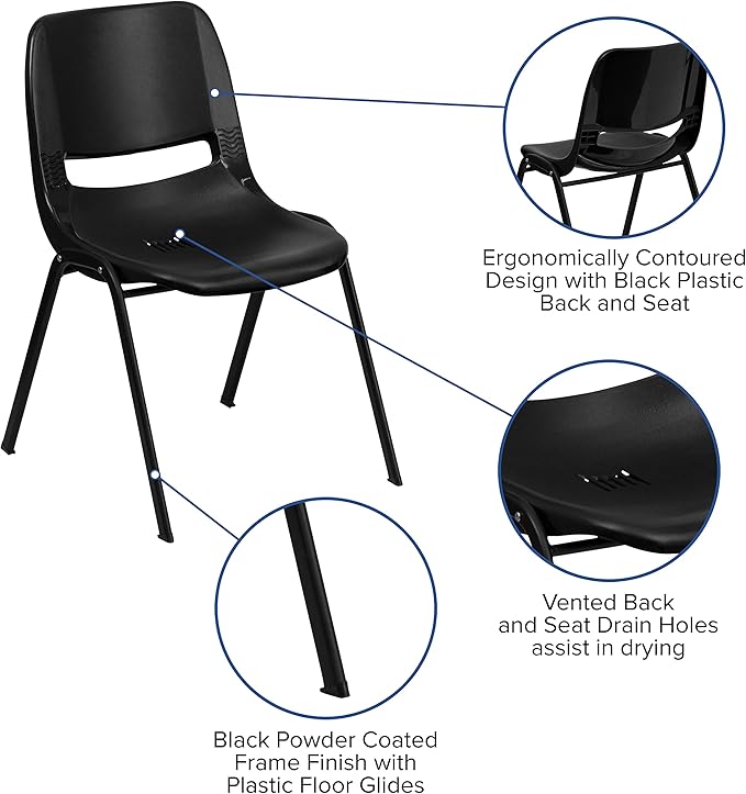 Flash Furniture 5 Pack HERCULES Series 440 lb. Capacity Kid's Black Ergonomic Shell Stack Chair with Black Frame and 12" Seat Height