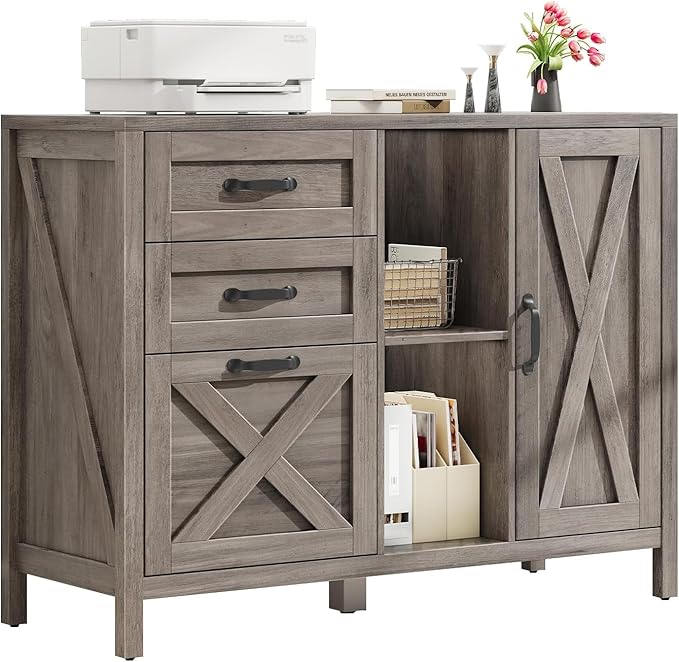Vabches Lateral File Cabinet, Farmhouse 3 Drawer File Cabinet with Open Storage Shelf for Letter/A4/Legal Size Hanging Files, Large Wood Storage Cabinets Printer Stand for Home Office, Grey