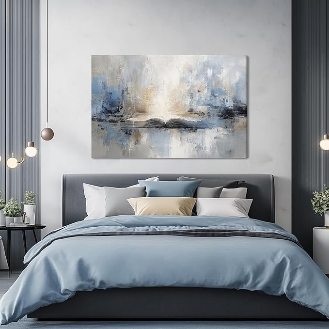 XRZ Abstract Wall Art – Blue and Beige Scripture Canvas – Christian Wall Decor for Living Room Bedroom Office – 48x32 Inch