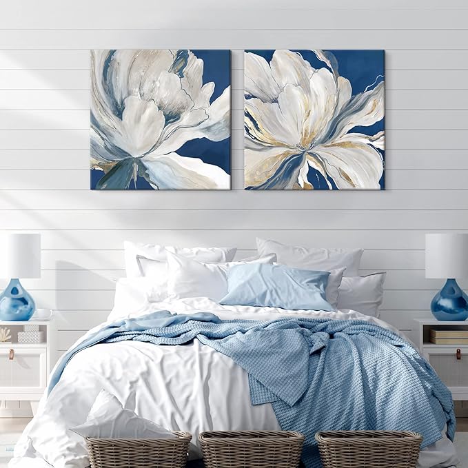 Goldfoilart Indigo Blue Flower Wall Art for Living Room White Floral Canvas Pictures Modern Paintings Framed Artwork Prints for Bedroom Dining Room Office Wall Decor 24"x24"x2pcs