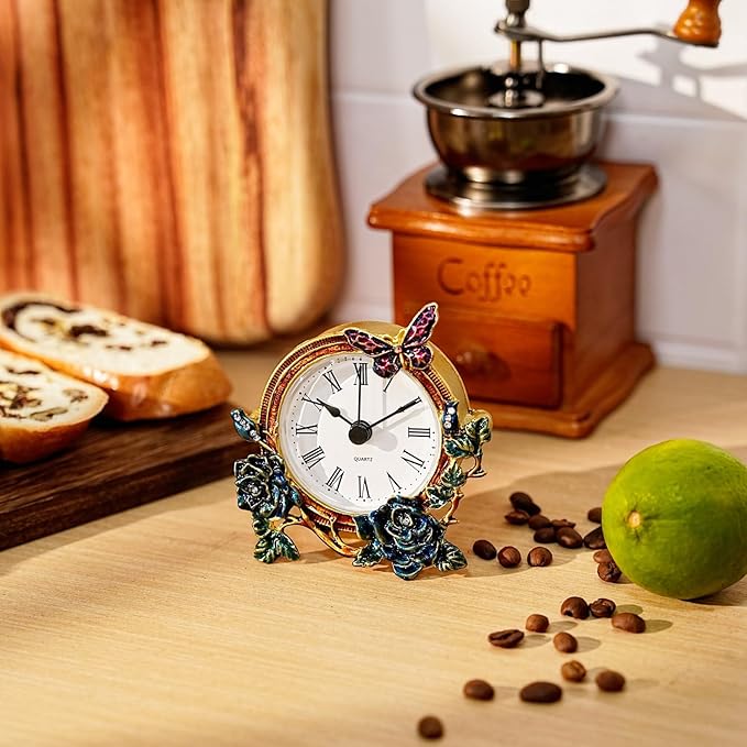 Mini Tabletop Clock, Decorative Vintage Floral Metal Table Clock with Battery Operated for Bedside, Table, Living Room, Home and Office