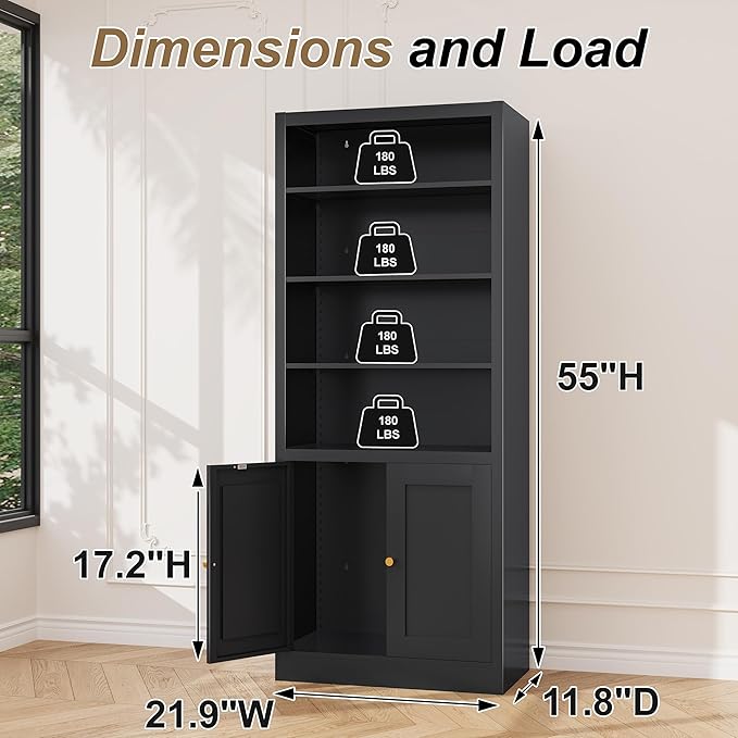 Black Bookcase, Library Office Book Shelf with Adjustable Shelves, Tall Bookcase with Doors for Bedroom Living Room Kitchen. Metal Bookshelf Ideal for Home Organization & Stylish Upgrades