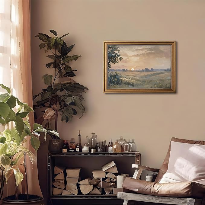 Gold Framed Wall Art Vintage Canvas Wall Art Fall Sunset Nature Landscape Artwork Prints Picture for Living Room Bedroom Farmhouse Bathroom Office Decor, 16x24