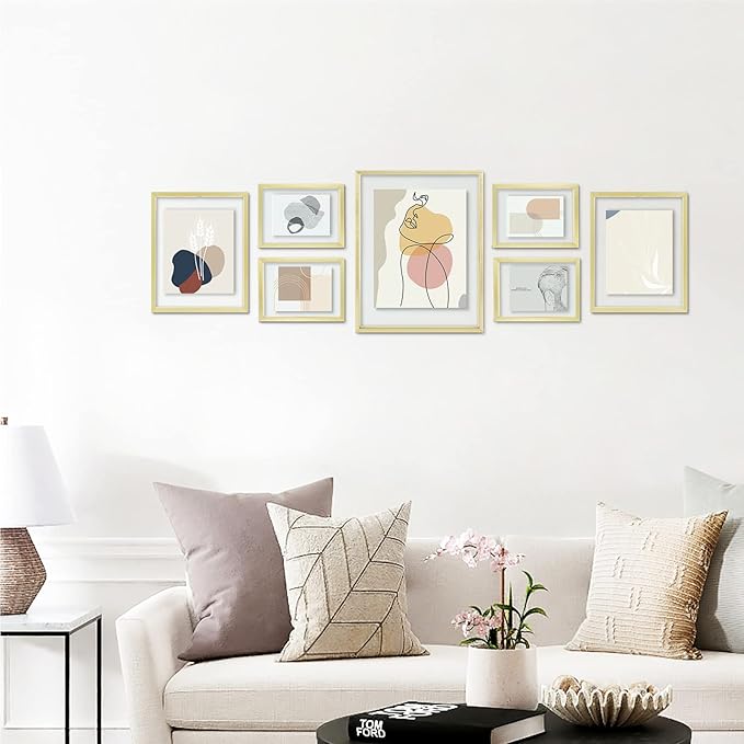 Golden State Art, 7 Pack Floating Frames for One 11x14, Two 8x10, and Four 5x7 Pictures. Aluminum Photos Frame for Wall Display (Gold)