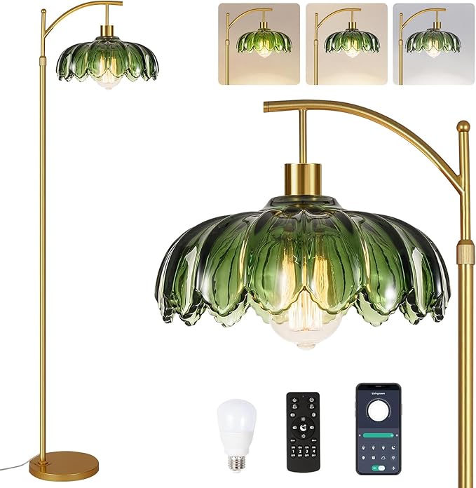 Floor Lamp for Living Room Bedroom,Gold Dimmable Standing Lamp with Remote,Mid Century Modern Brass Tall Lamp Vintage Green Glass Lamp Floor Light,Arc Unique Floor Lamps for Office Corner