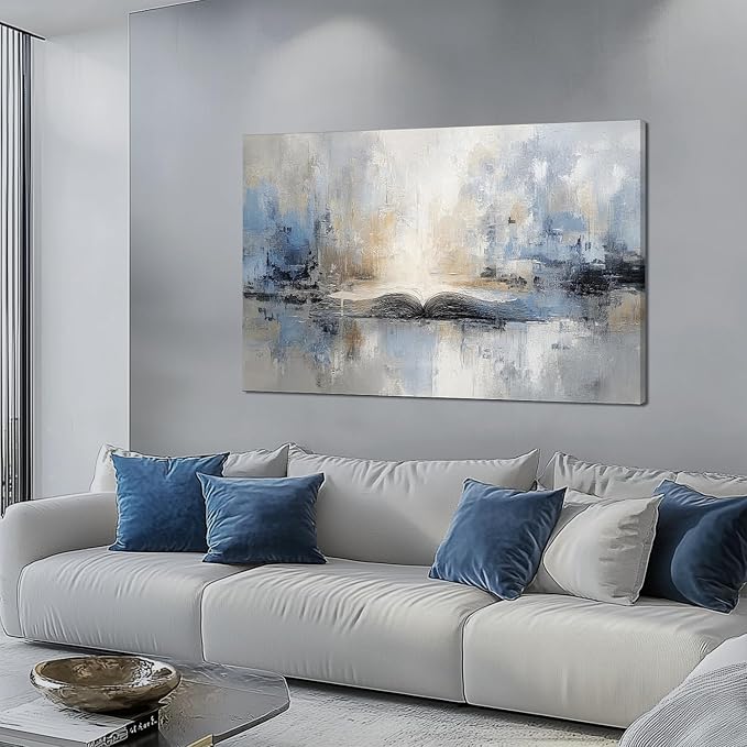XRZ Abstract Wall Art – Blue and Beige Scripture Canvas – Christian Wall Decor for Living Room Bedroom Office – 48x32 Inch