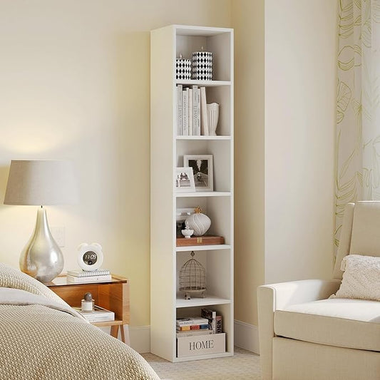 MXV Narrow Bookshelf, 6-Tier Open Bookcase, Coner Shelf, Storage Shelves, Display Storage Shelves, Floor Standing Unit, Home Decor, Furniture for Home Office, Living Room, Bedroom, White