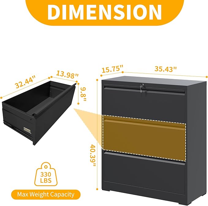 File Cabinet with Lock, 3 Drawer Lateral Filing Cabinet for Home Office, Metal Heavy Duty File Cabinets for Hanging Letter/Legal/F4/A4 Size Files, Assembly Required (Black)