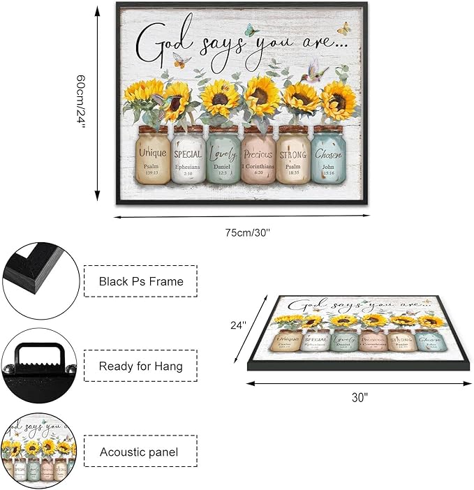 Inspirational Bible Verse Wall Art: God Says You Are Wall Sayings Sunflower in Mason Jar Picture Print Christian Gift Quotes Poster for Women Girl Bedroom Decor 24" x 30"