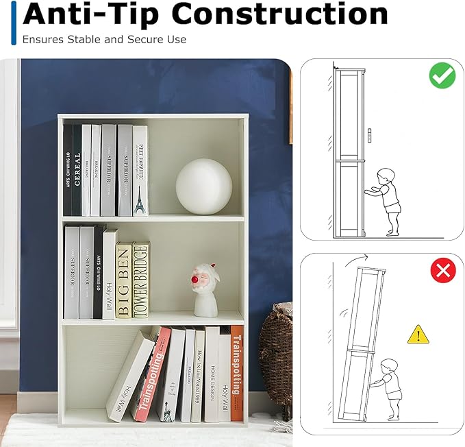 Bookshelves and Bookcases,3-Tier Open Storage Shelf, Floor Standing Display Storage Shelves for Home Office, Living Room, Bedroom, White