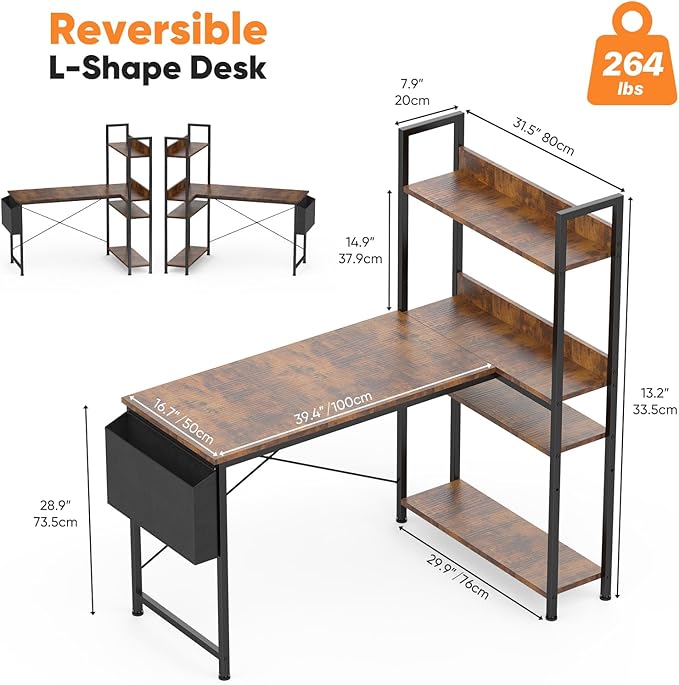 DUMOS L Shaped Desk Corner Computer Table 47 Inch, L-Shaped Gaming Desks with Storage Shelf Reversible, Wood Tables with Side Bag Adjustable Feet for 2 Monitors Small Space Home Office Bedroom, Brown