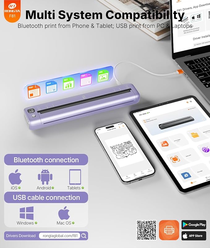 Rongta Portable Printer Wireless for Travel, Bluetooth Inkless Thermal Printers for 8.5" x 11" US Letter, Compatible with Android iOS Phone Mac Windows Computer for Office & Home, Gift Ideas