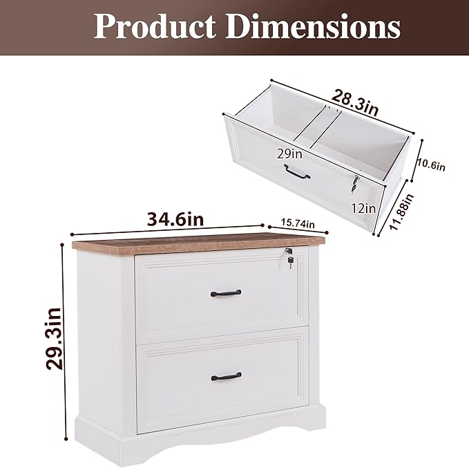 34.6" Farmhouse File Cabinet,Wood File Cabinet with Hanging File Folders,Top Drawer Lockable,Lateral Filing Cabinet for Home Office Compatible with Letter/Legal/A4 Size (2)
