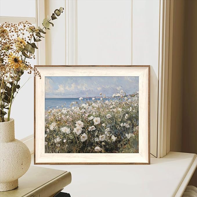 ASTRDECOR Framed Canvas Wall Art Room Decor, Vintage Landscape Wall Art for Home Decor Aesthetic Artwork, Coastal Scenery Nature Rustic Farmhouse Wall Decor for Living Room, White Wildflowers Oil Painting Pictures Bathroom Wall Decor- 10''x12''