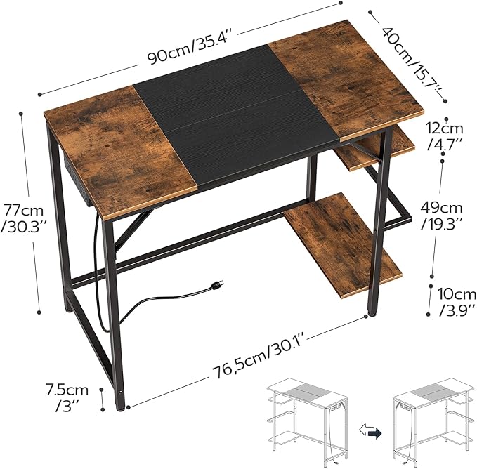 HOOBRO Computer Desk, Home Office Desk with Power Outlet, Writing Desk with 2 Shelves, Modern Small Desk for Home Office, Study, Easy to Assemble, Rustic Brown and Black BF43UDN01