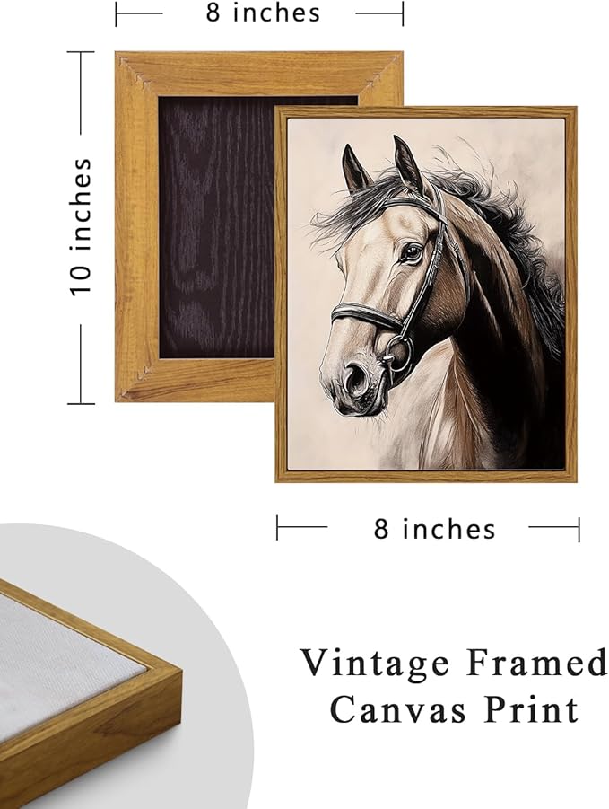 ARPEOTCY Vintage Framed Canvas Wall Art, Retro Horse Portrait Western Picture Decor, Rustic Farmhouse Country Wall Art for Living Room, Bathroom, Bedroom, Office(8 x 10 Inch)