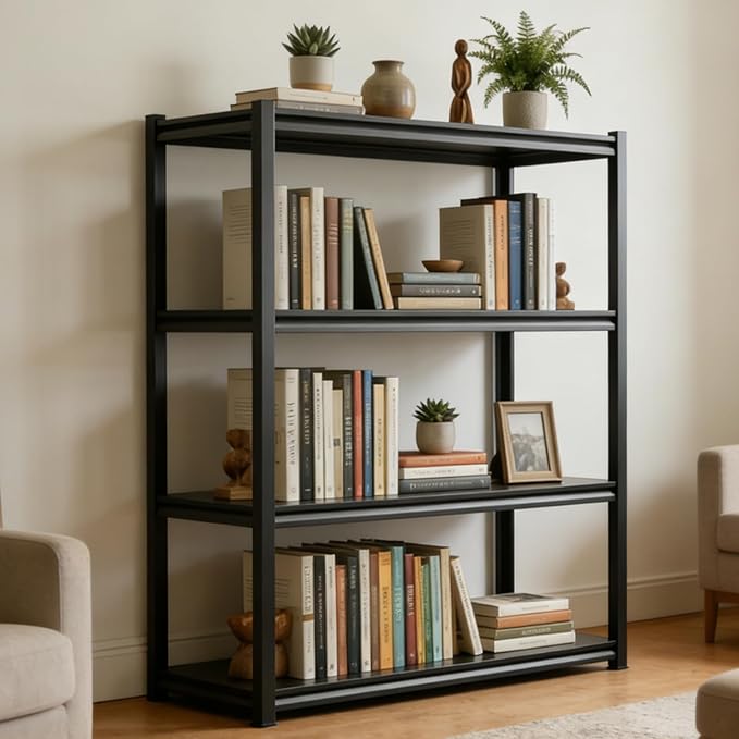 4-Tier Book Shelf, Modern Bookcase, Bolt-free Metal Storage Shelves for Books CDs Movies Garage Kit, Adjustable Display Bookshelf in Living Room, Bedroom, Kitchen, Office, 39.4"W x18"D x54"H Black