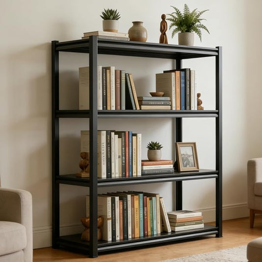 4-Tier Book Shelf, Modern Bookcase, Bolt-free Metal Storage Shelves for Books CDs Movies Garage Kit, Adjustable Display Bookshelf in Living Room, Bedroom, Kitchen, Office, 39.4"W x18"D x54"H Black