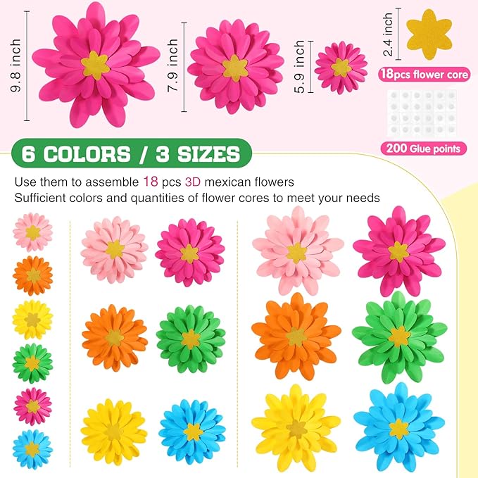18 Pcs Paper Flowers Decor for Wall DIY Flower Bulletin Board 3D Spring Fiesta Mexican Paper Floral Decoration for Photo Backdrop Classroom Back to School Party(Rounded Star,Rainbow)