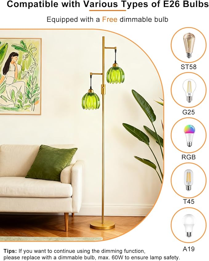 Lightdot 65IN 2-Light Glass Floor Lamp for Living Room, Dimmable Gold Floor Lamps with Emerald Green Glass Floral Shade& Bulb Included, Modern Standing Tall Lamp for Bedroom/Sofa Beside/Corner Decor
